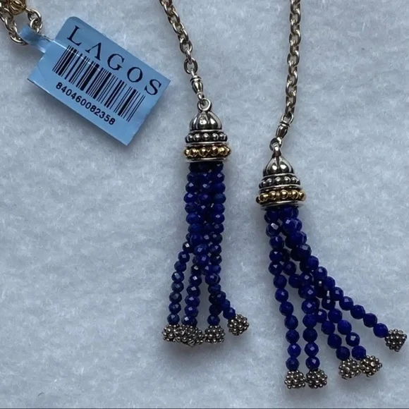 LAGOS Sterling Silver 18k Yellow Gold Caviar Icon Lapis Tassel Lariat Necklace